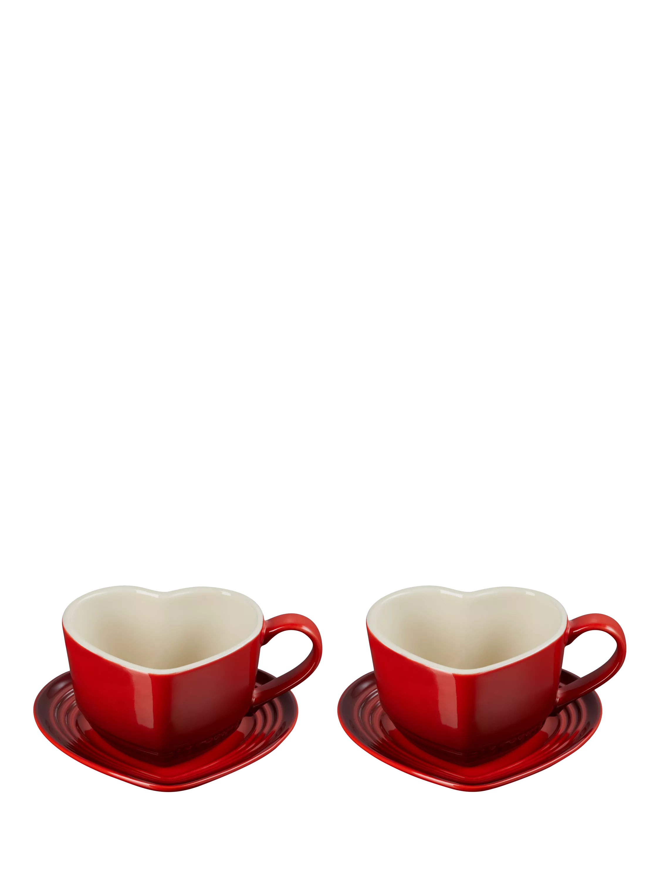 Le Creuset stoneware heart cups and saucers set, Cerise, 200ml, UK version