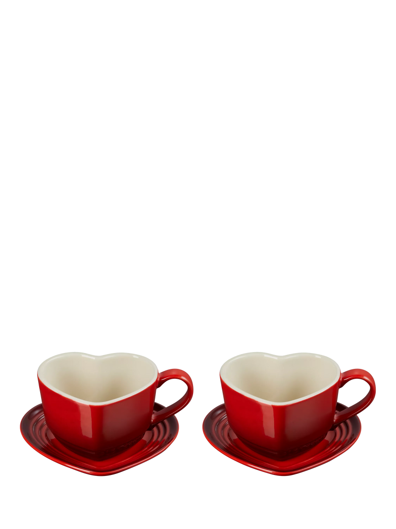 Le Creuset stoneware heart cups and saucers set, Cerise, 200ml, UK version