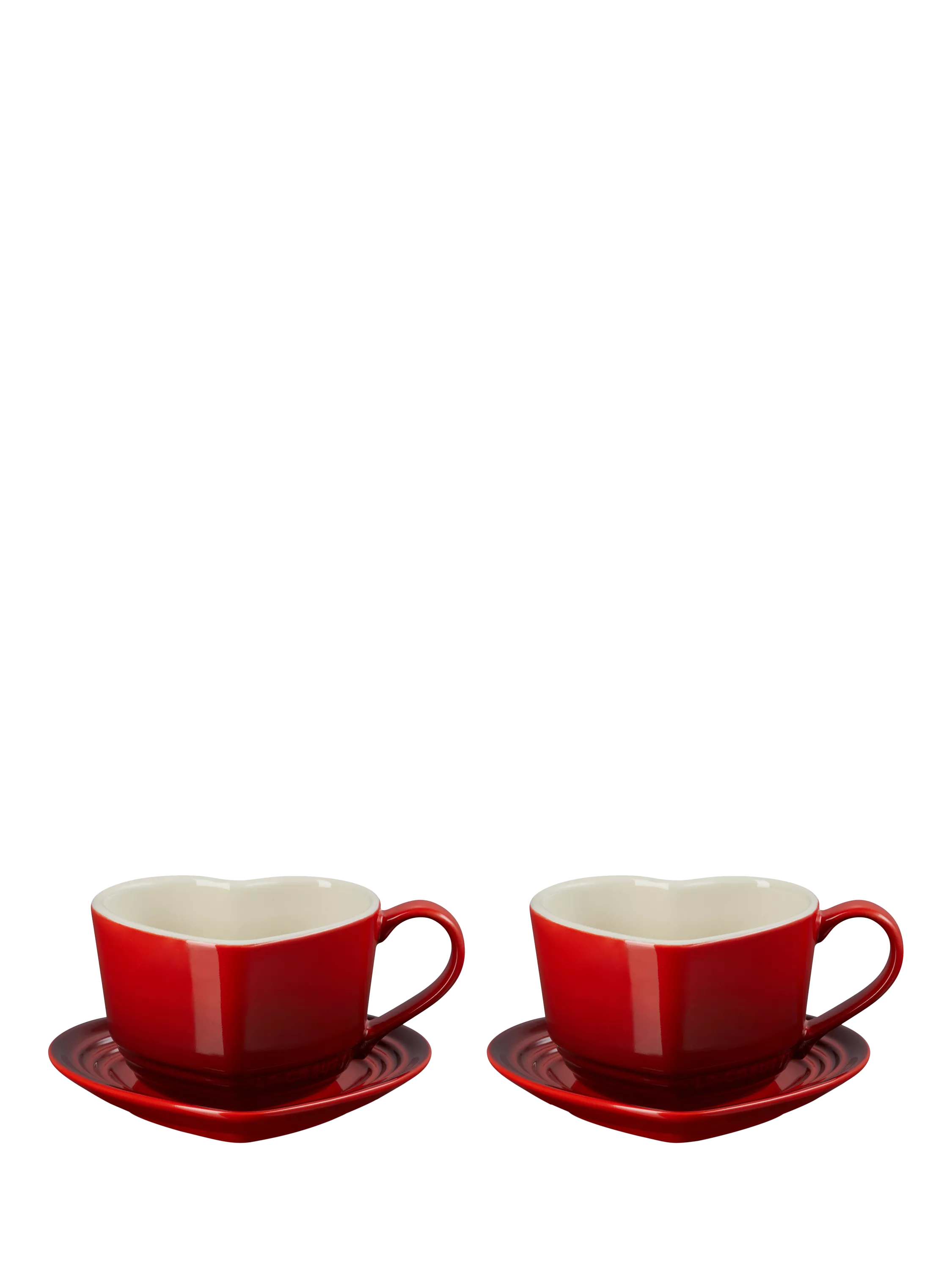 Le Creuset stoneware heart cups and saucers set, Cerise, 200ml, UK version