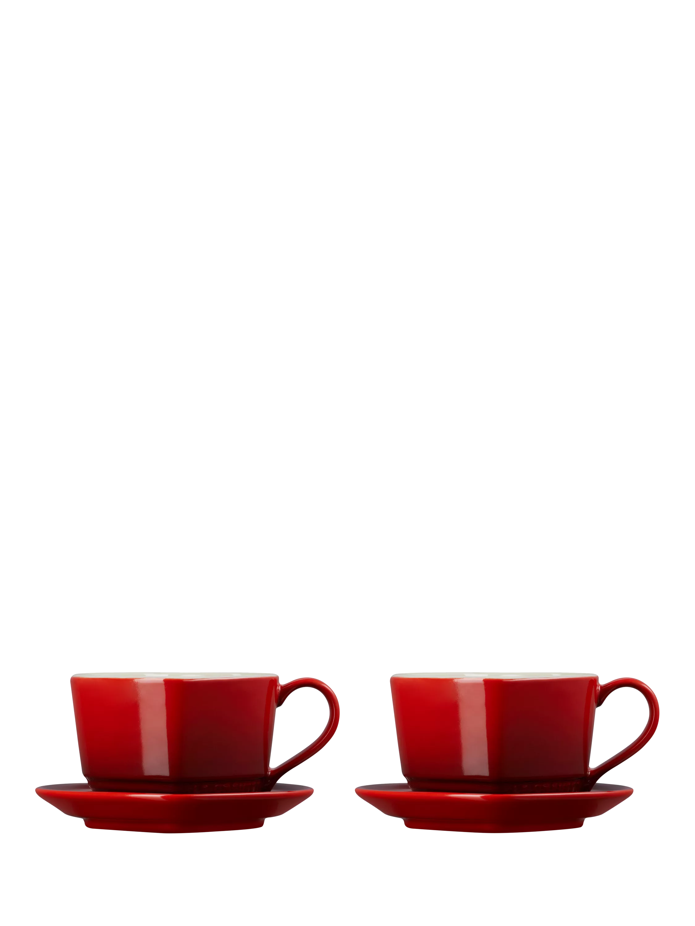 Le Creuset stoneware heart cups and saucers set, Cerise, 200ml, UK version