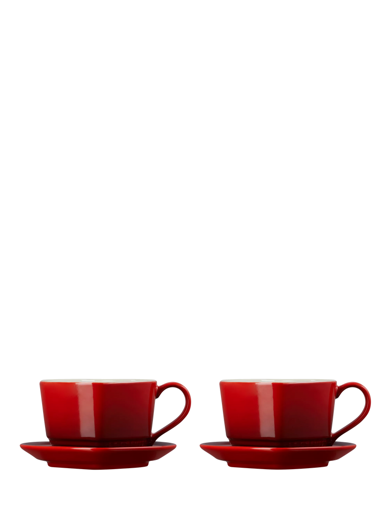 Le Creuset stoneware heart cups and saucers set, Cerise, 200ml, UK version