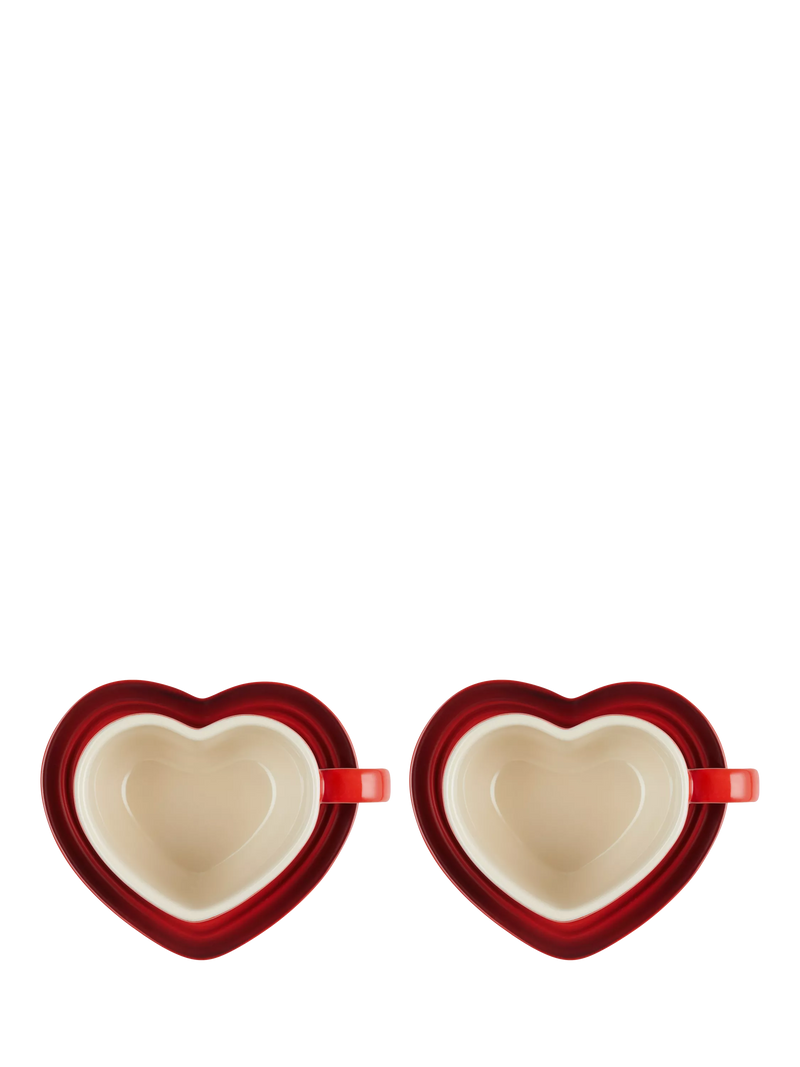 Le Creuset stoneware heart cups and saucers set, Cerise, 200ml, UK version