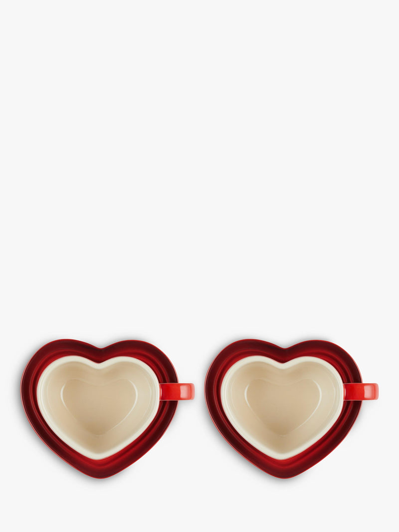 Le Creuset stoneware heart cups and saucers set, Cerise, 200ml, UK version