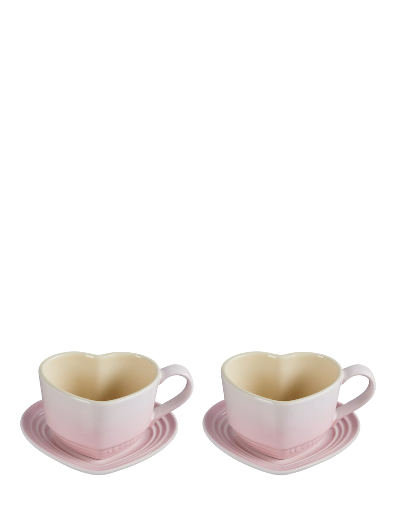 Le Creuset Stoneware Heart Cups & Saucers, Set of 2, 200ml, Shell Pink