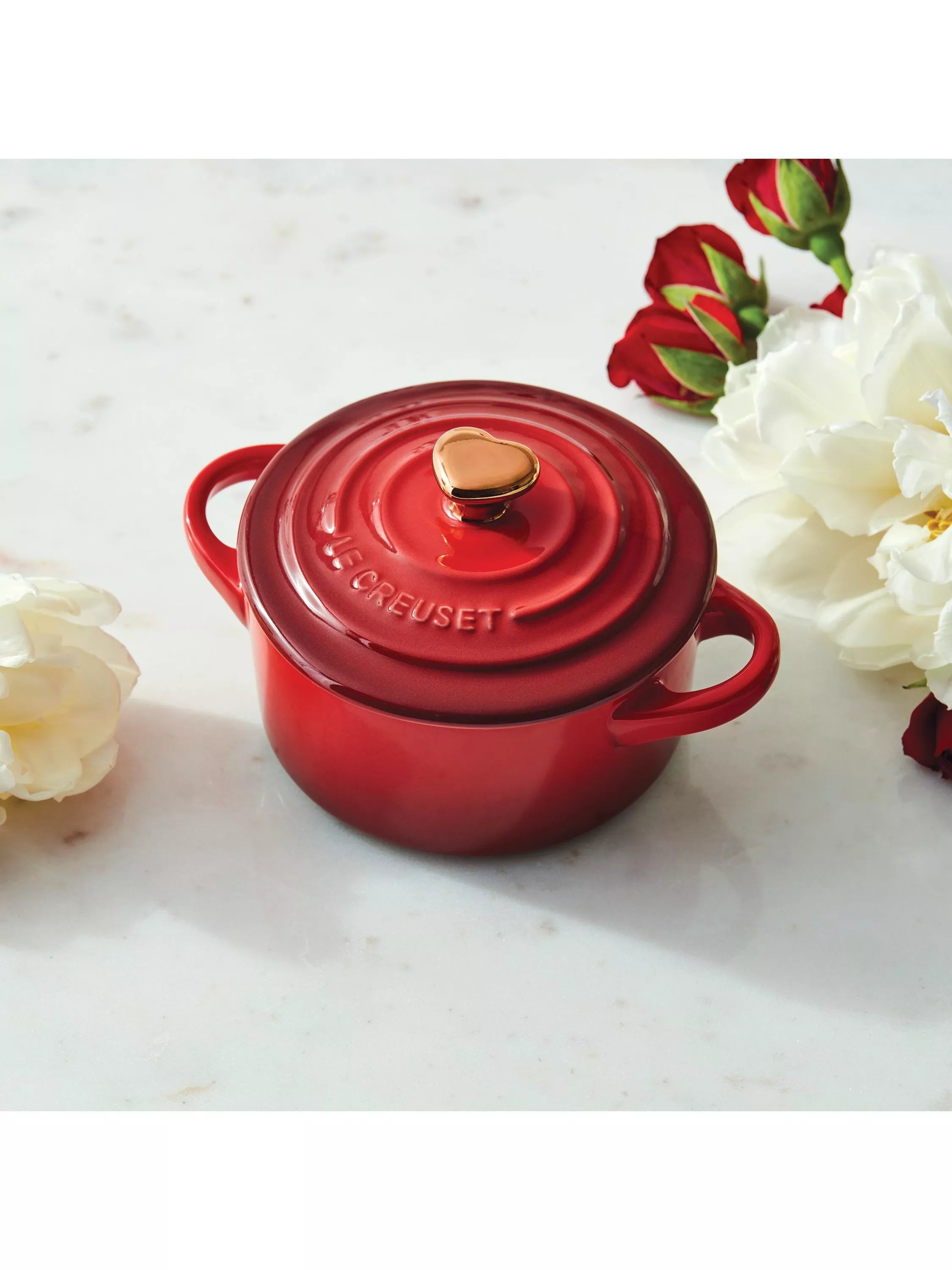 Le Creuset mini round stoneware casserole with heart-shaped lid knob, 10cm, UK version