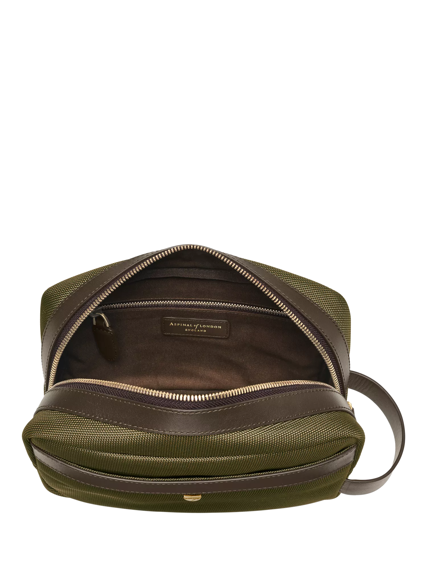 Aspinal of London zipped washbag in khaki, British product