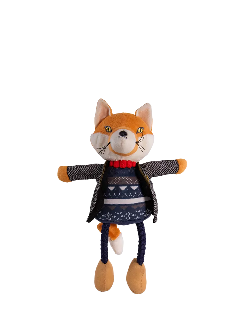 Joules squeaky dog toy with rope legs and fox character, multi-coloured, UK version