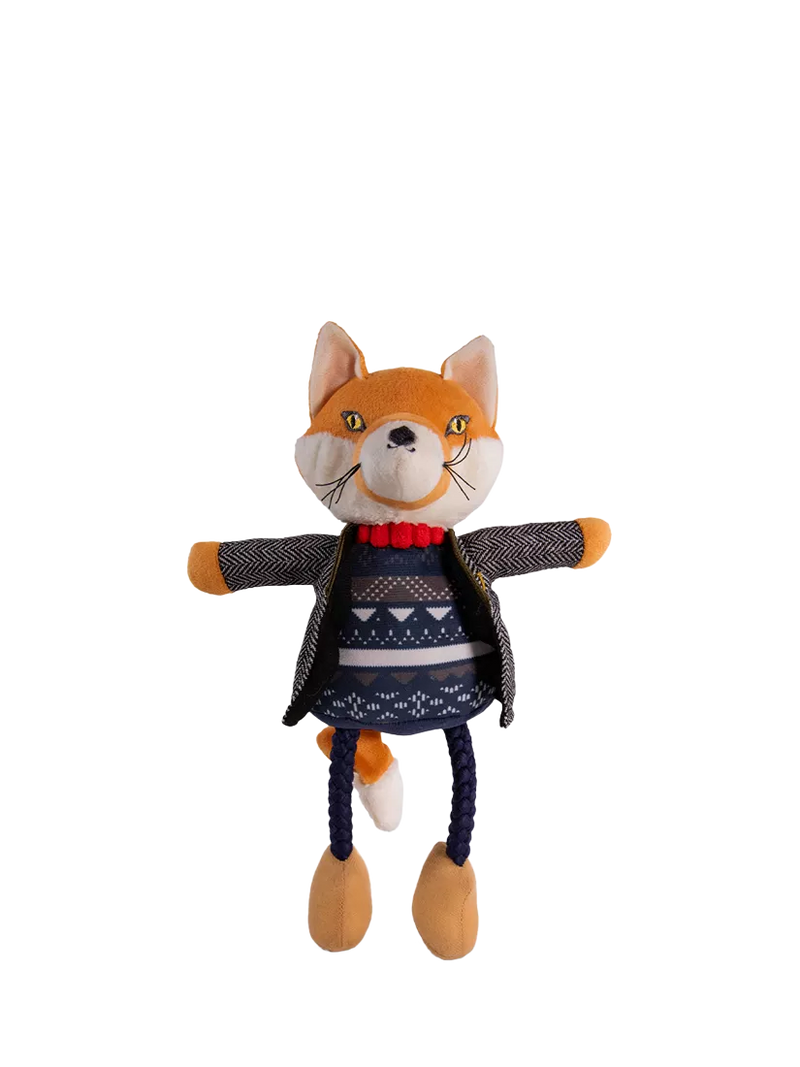 Joules squeaky dog toy with rope legs and fox character, multi-coloured, UK version
