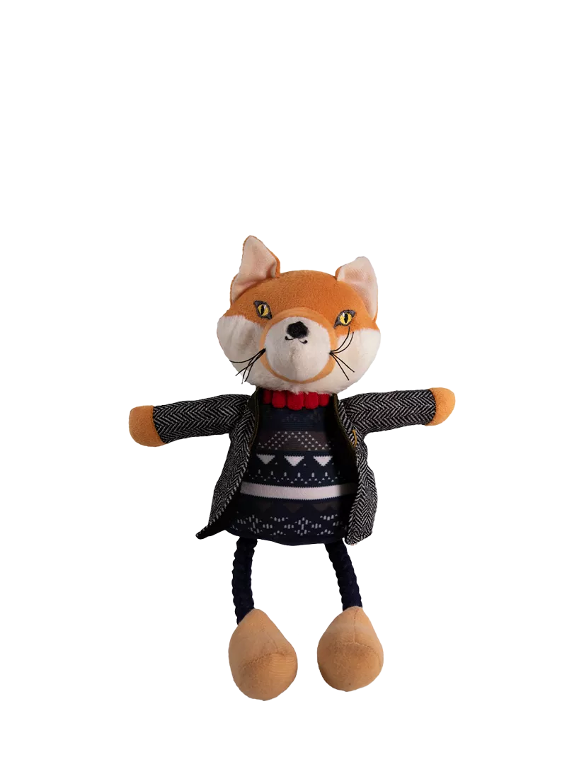 Joules squeaky dog toy with rope legs and fox character, multi-coloured, UK version