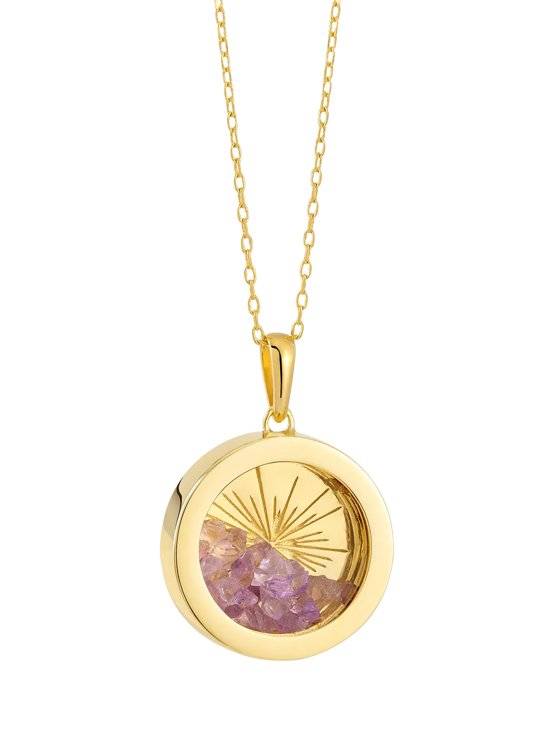 Rachel Jackson London Art Deco sun amulet with amethyst pendant, medium (British brand)