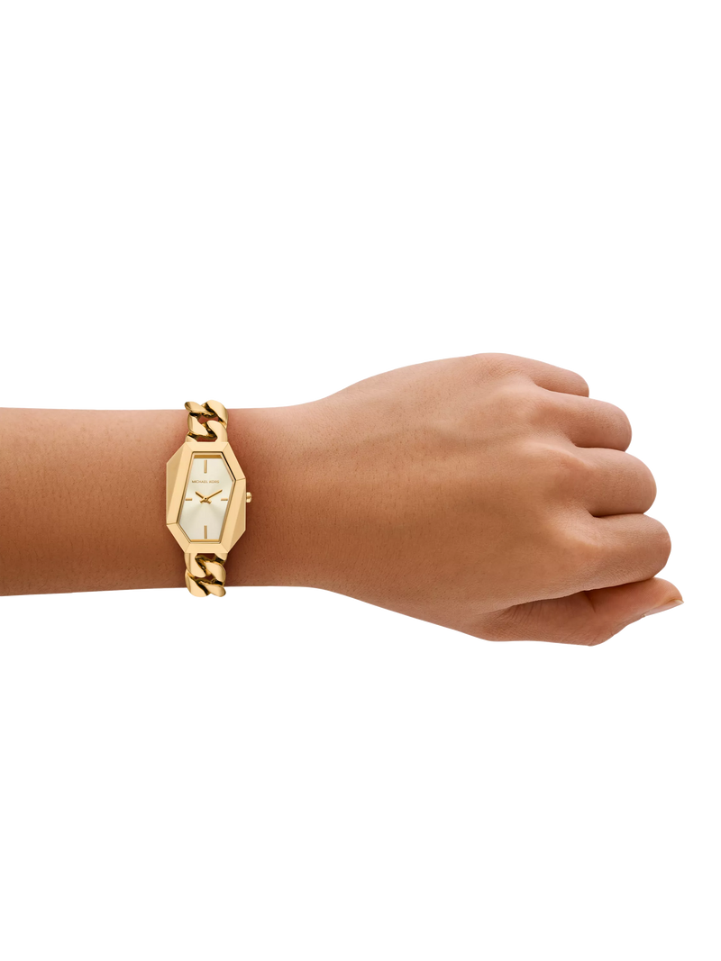Michael Kors women's Suri asymmetrical case gold watch - British product