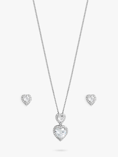 John Lewis Cubic Zirconia Halo Double Heart Necklace and Stud Earrings Set in Silver Finish Box- Buy online at McGrocer