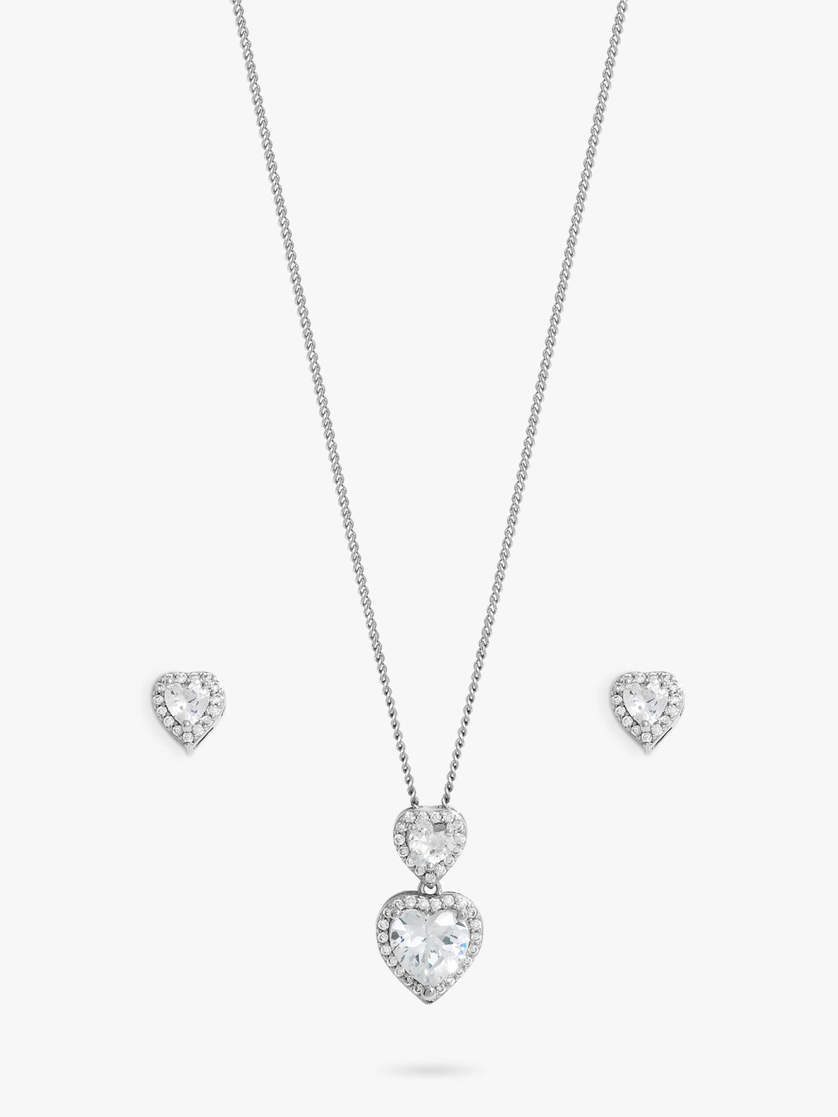 Cubic Zirconia Halo Double Heart Necklace and Stud Earrings Set in Silver Finish Box