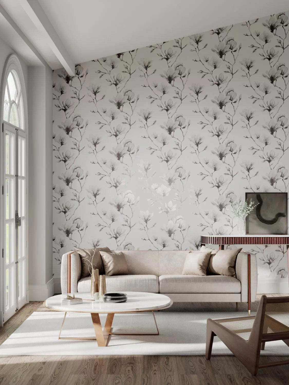 Harlequin lotus pattern wallpaper with soft metallic finish in wide width, UK version
