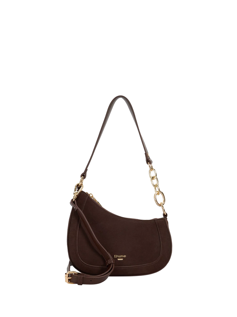 Dune London Direction suede shoulder bag with chain detail, UK version