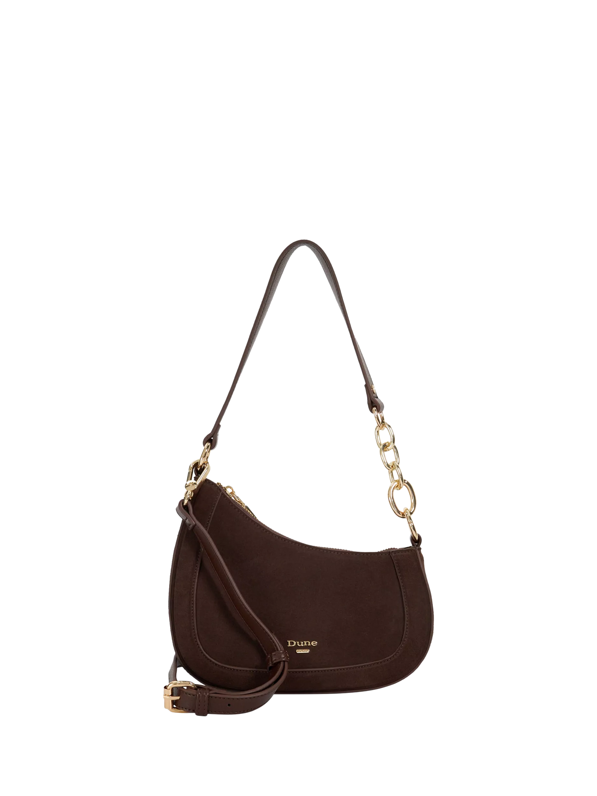 Dune London Direction suede shoulder bag with chain detail, UK version