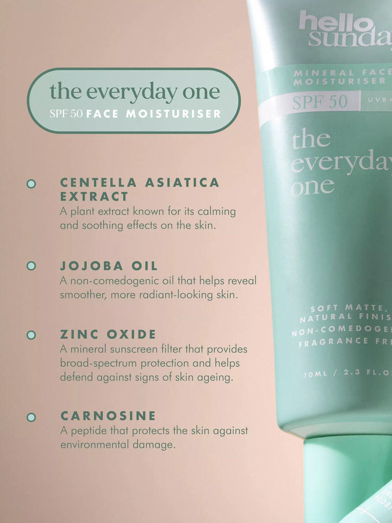 Hello Sunday Mineral SPF 50 Non-Comedogenic Moisturiser with Centella Asiatica 70ml, UK version