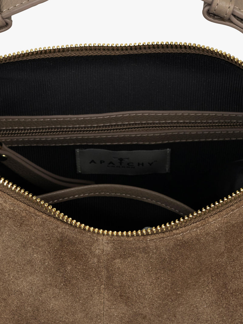 Apatchy London Charlie Suede shoulder bag, imported from the UK