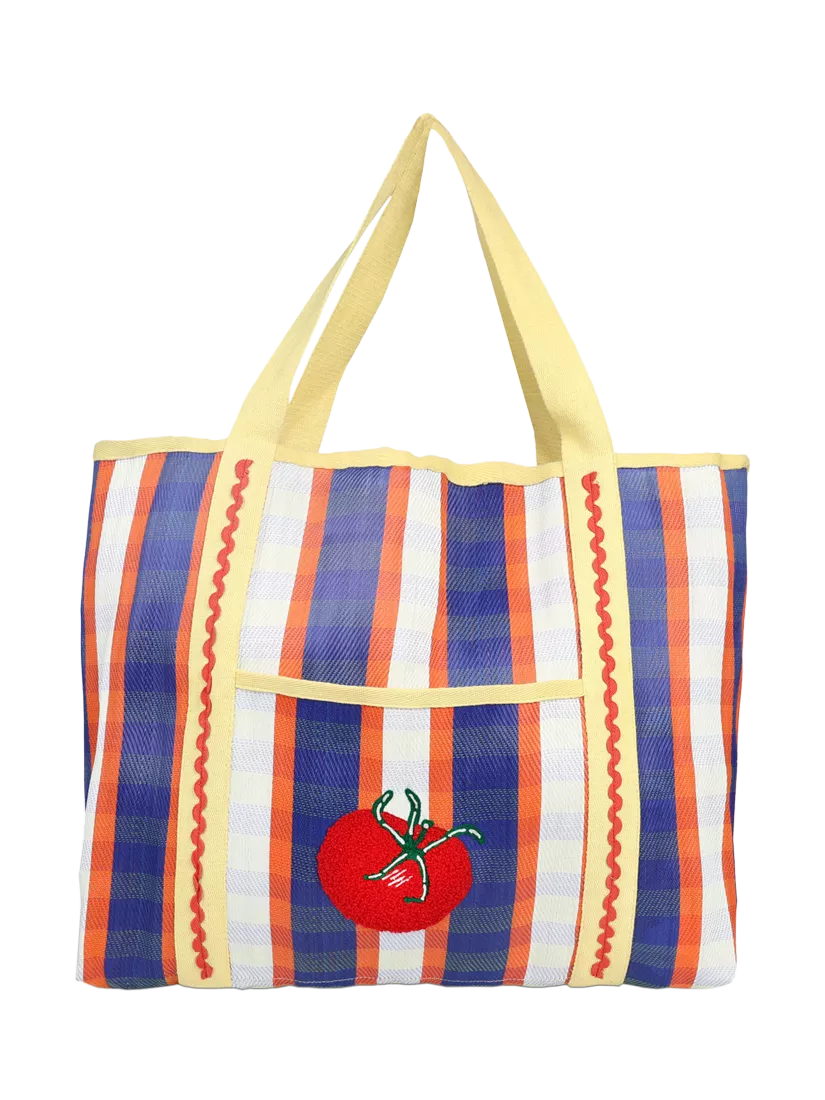 Talking Tables tomato and striped print tote bag (British brand)