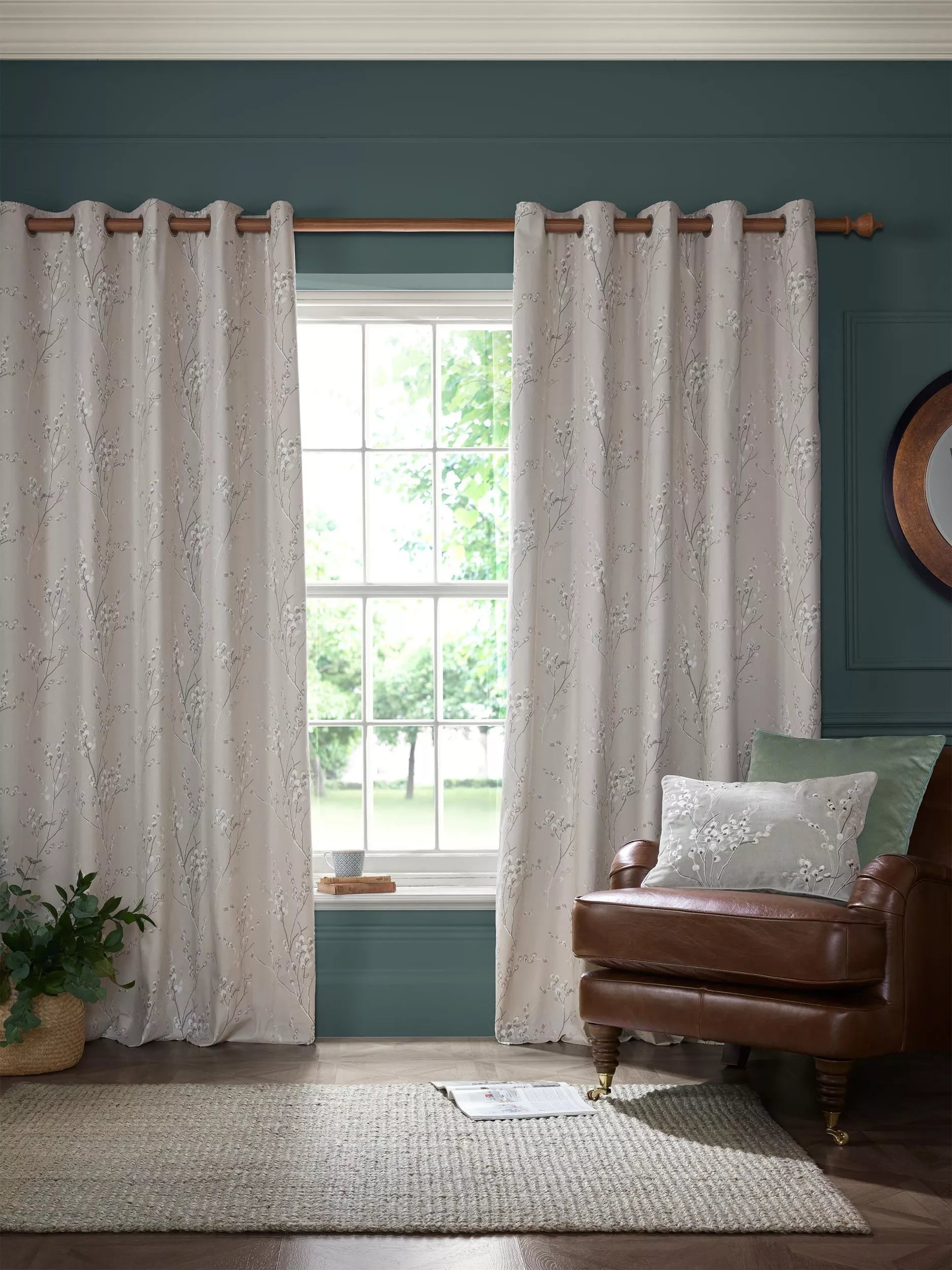 Laura Ashley Pussy Willow lined eyelet curtains in Truffle Natural, UK version