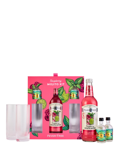 Bringebær Mojito cocktailsett med hvite rom-miniatyrer og glass 500ml