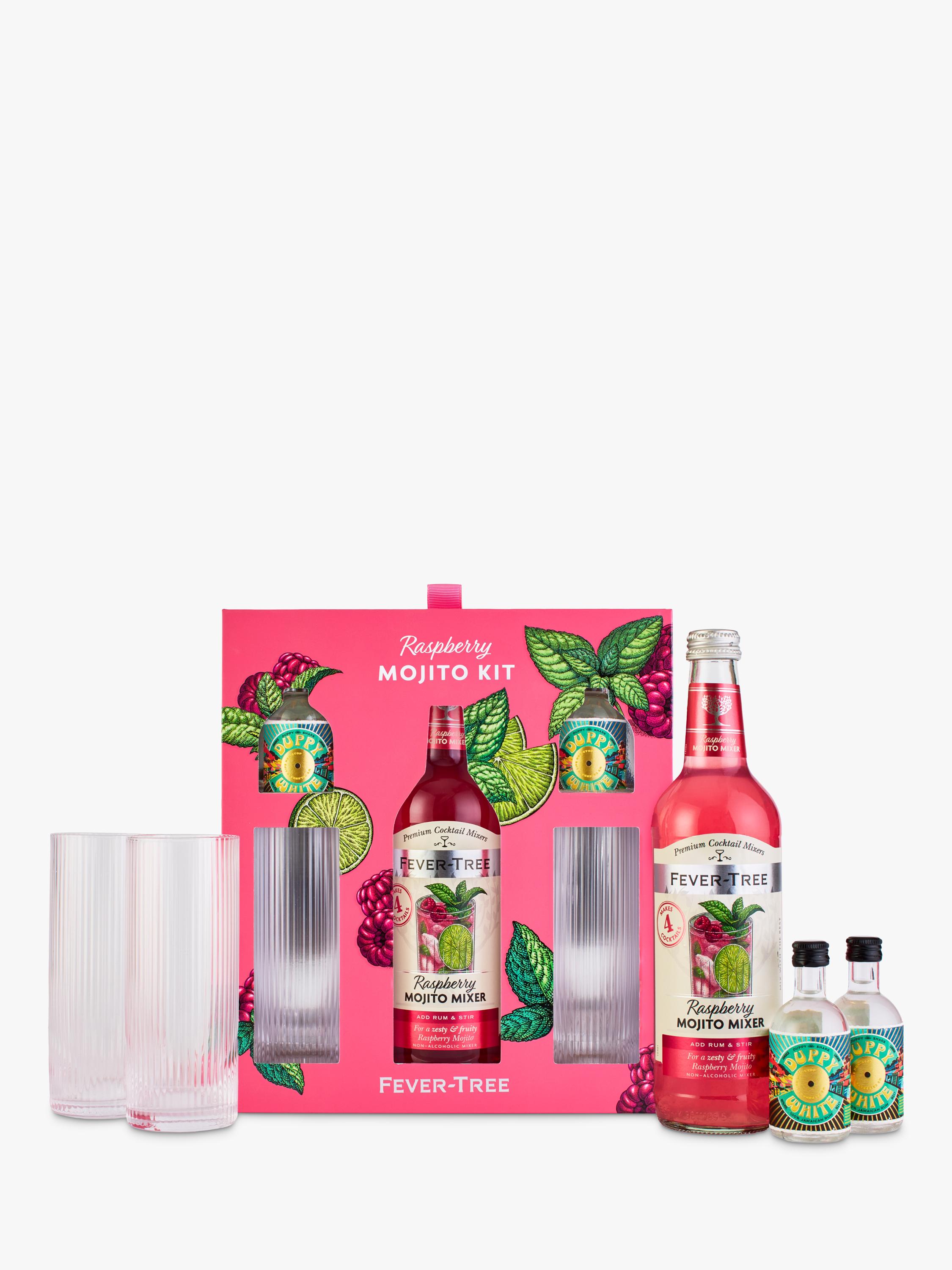 Fever-Tree raspberry mojito cocktail set with white rum miniatures and glasses - British product