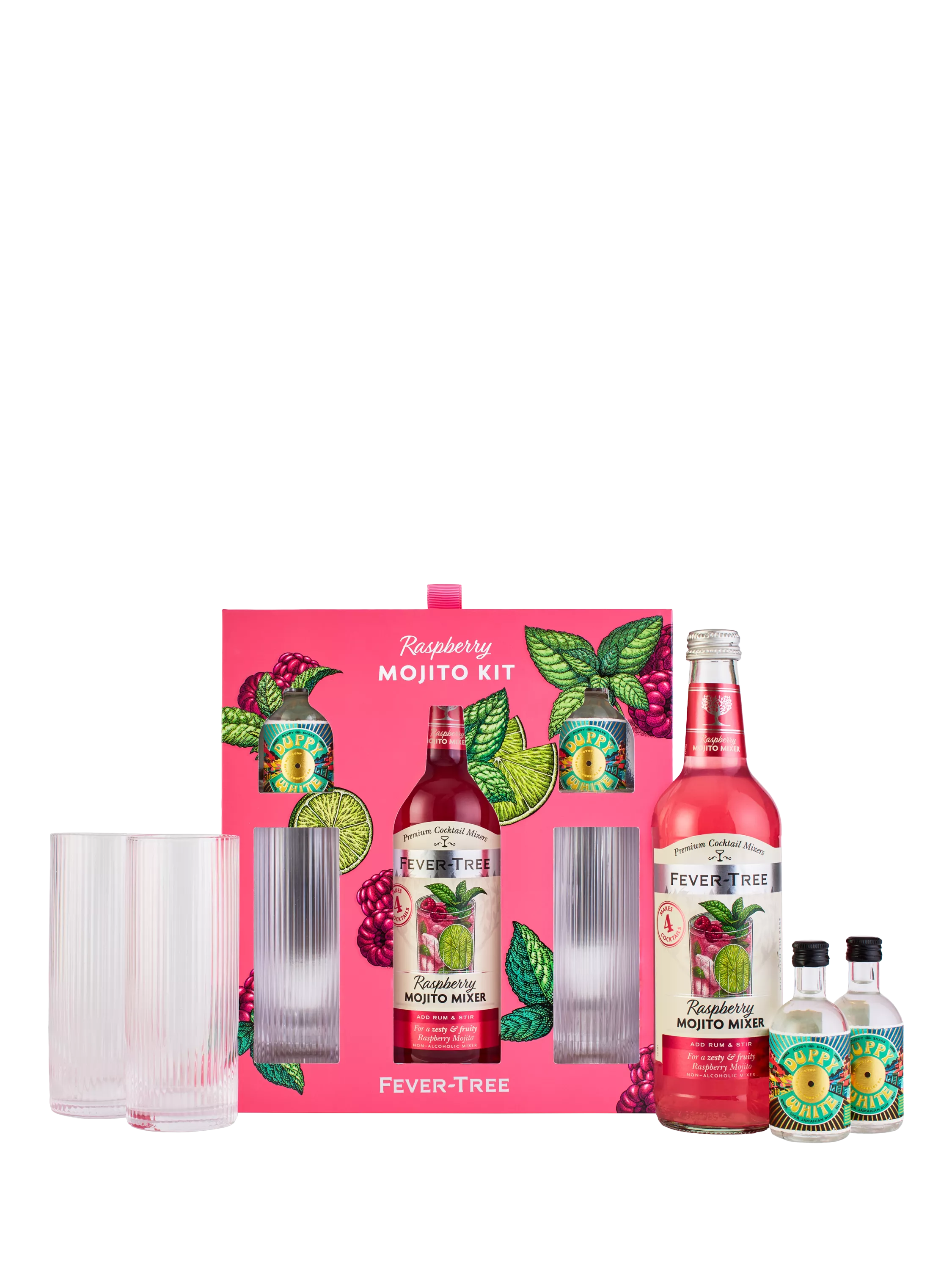 Fever-Tree raspberry mojito cocktail set with white rum miniatures and glasses - British product