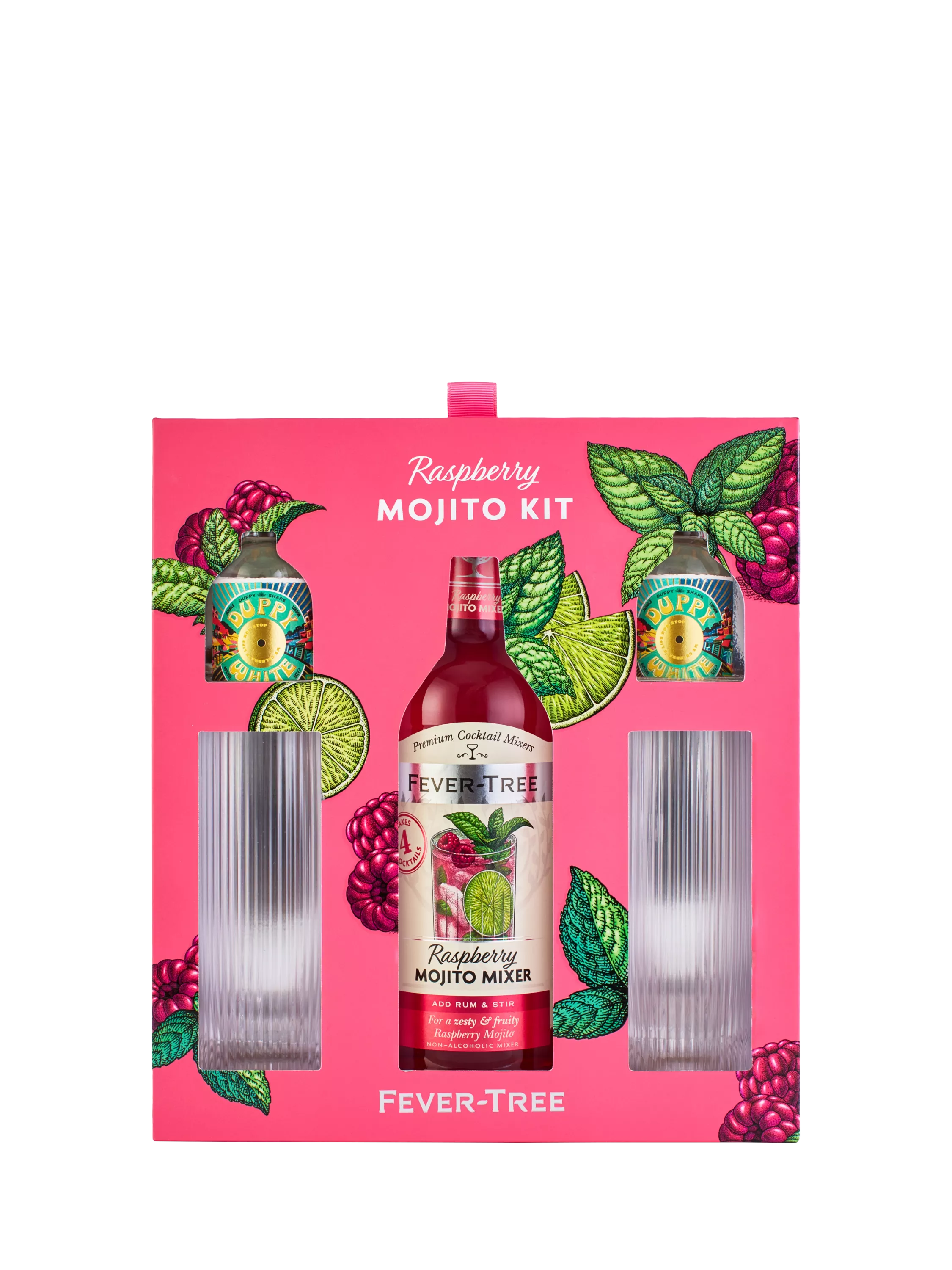 Fever-Tree raspberry mojito cocktail set with white rum miniatures and glasses - British product