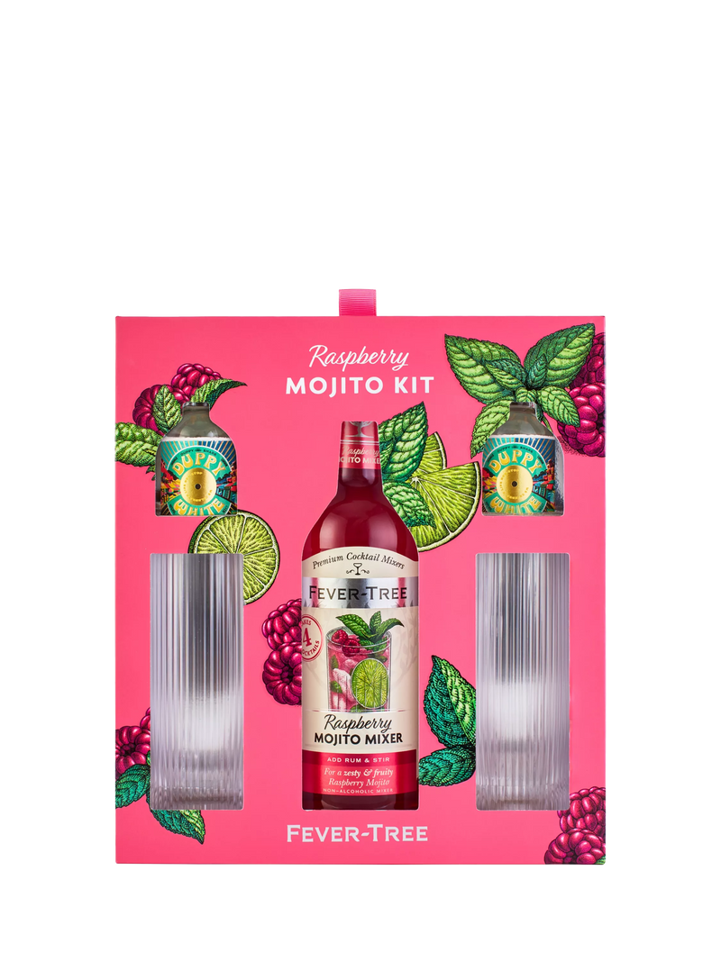 Fever-Tree raspberry mojito cocktail set with white rum miniatures and glasses - British product