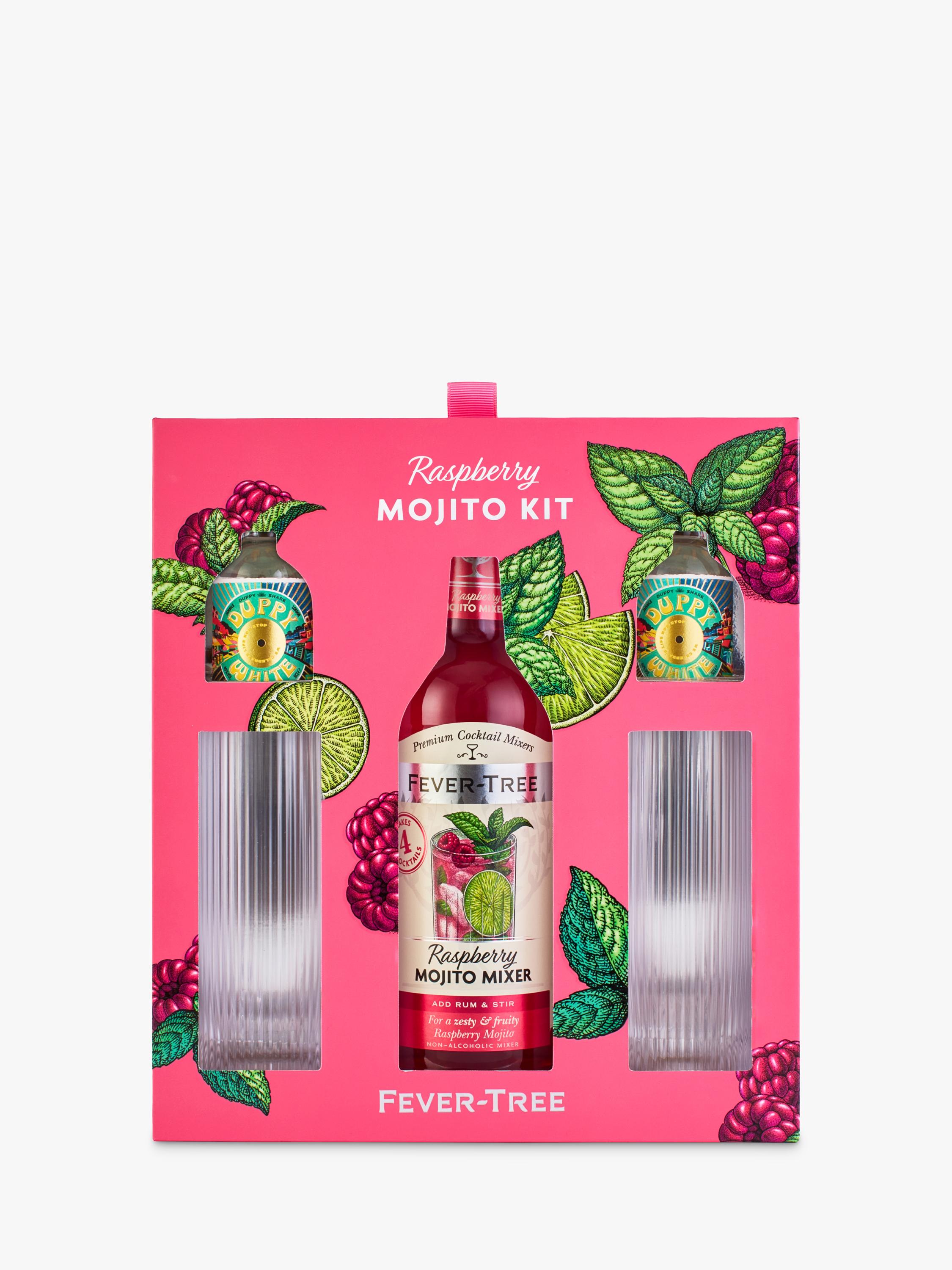 Fever-Tree raspberry mojito cocktail set with white rum miniatures and glasses - British product