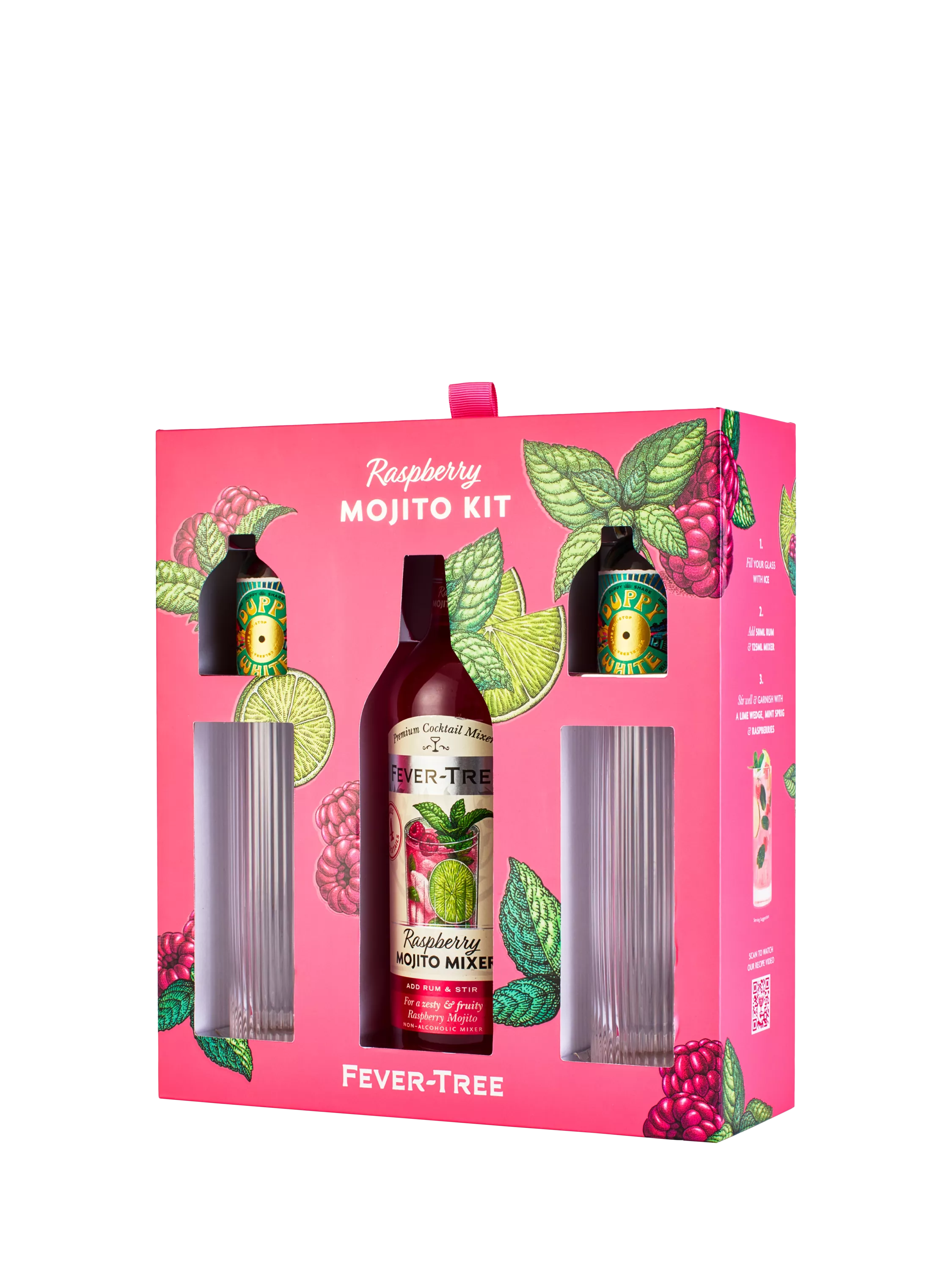 Fever-Tree raspberry mojito cocktail set with white rum miniatures and glasses - British product
