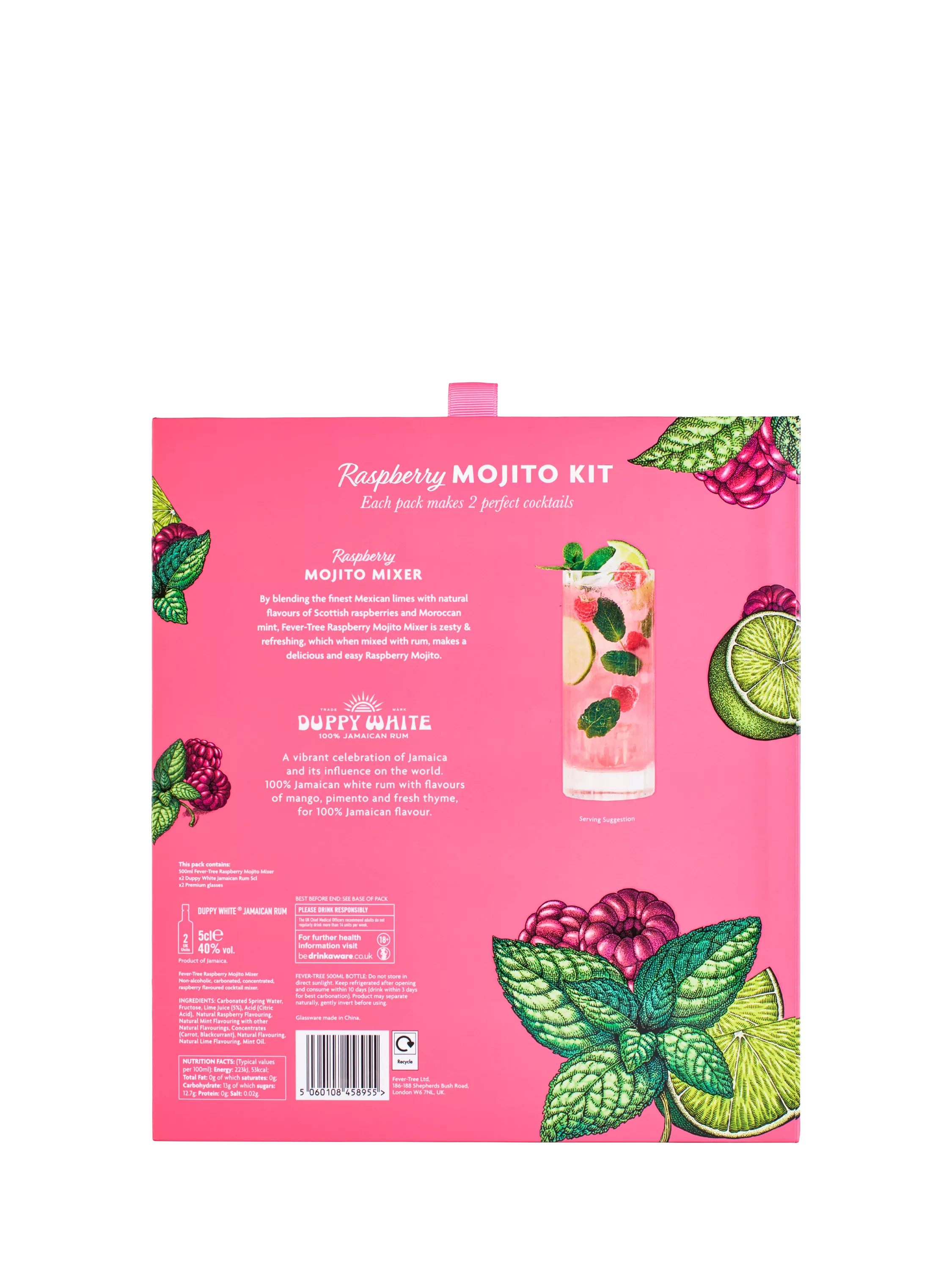 Fever-Tree raspberry mojito cocktail set with white rum miniatures and glasses - British product