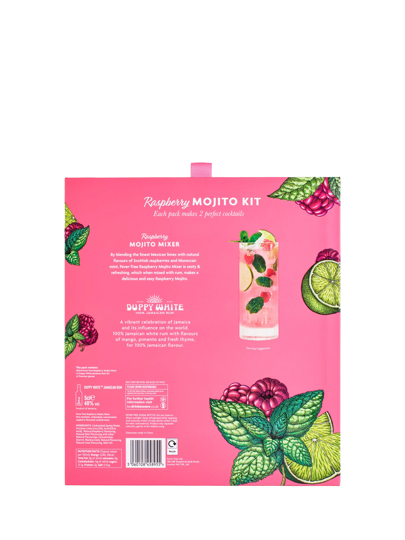 Fever-Tree raspberry mojito cocktail set with white rum miniatures and glasses - British product