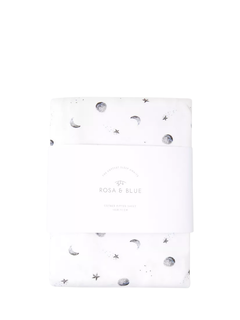 Rosa & Blue cotbed fitted sheet moon print white - British product