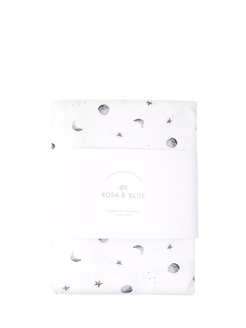 Rosa & Blue cotbed fitted sheet moon print white - British product