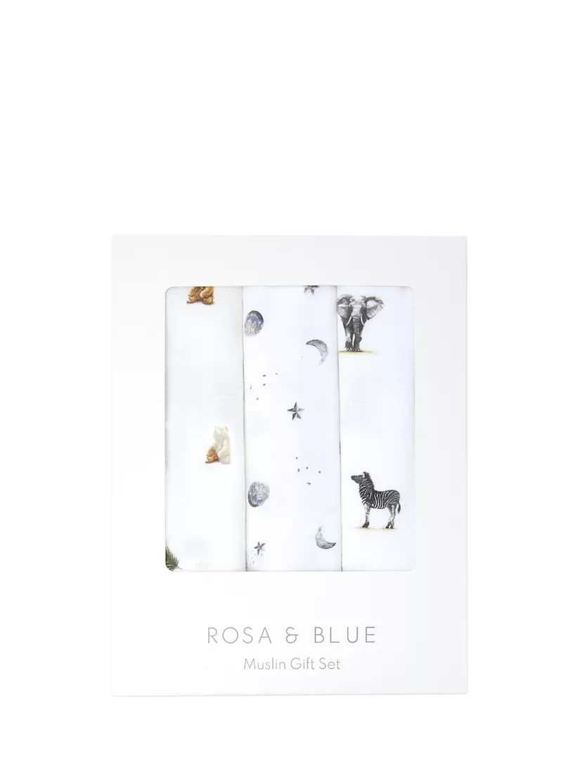 Rosa & Blue baby muslin squares pack of 3 white, imported from the UK