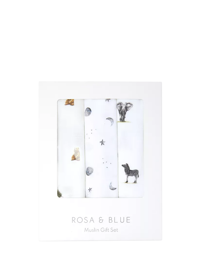 Rosa & Blue baby muslin squares pack of 3 white, imported from the UK