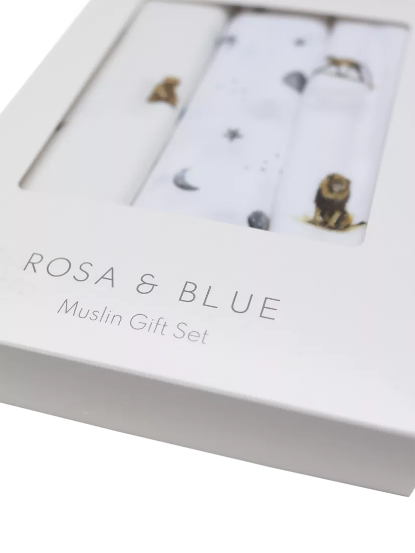 Rosa & Blue baby muslin squares pack of 3 white, imported from the UK