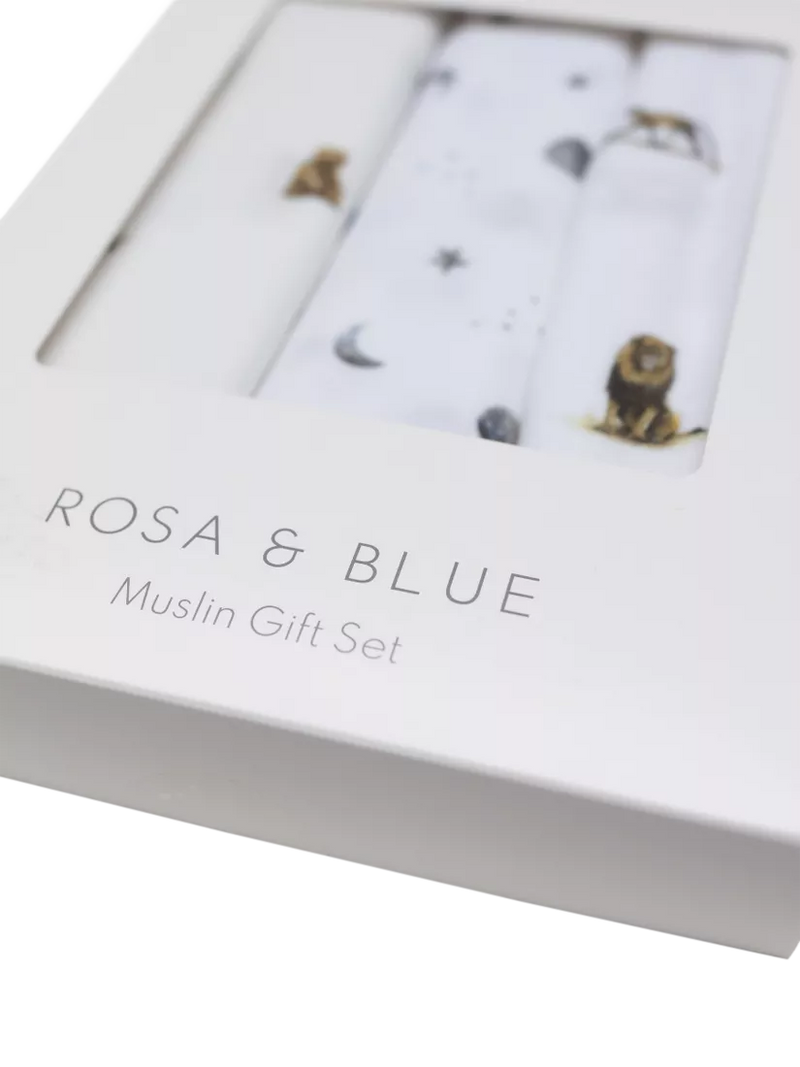 Rosa & Blue baby muslin squares pack of 3 white, imported from the UK