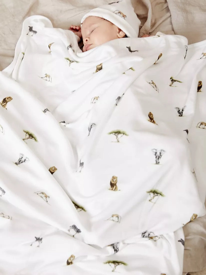 Rosa & Blue baby blanket safari print white, UK version