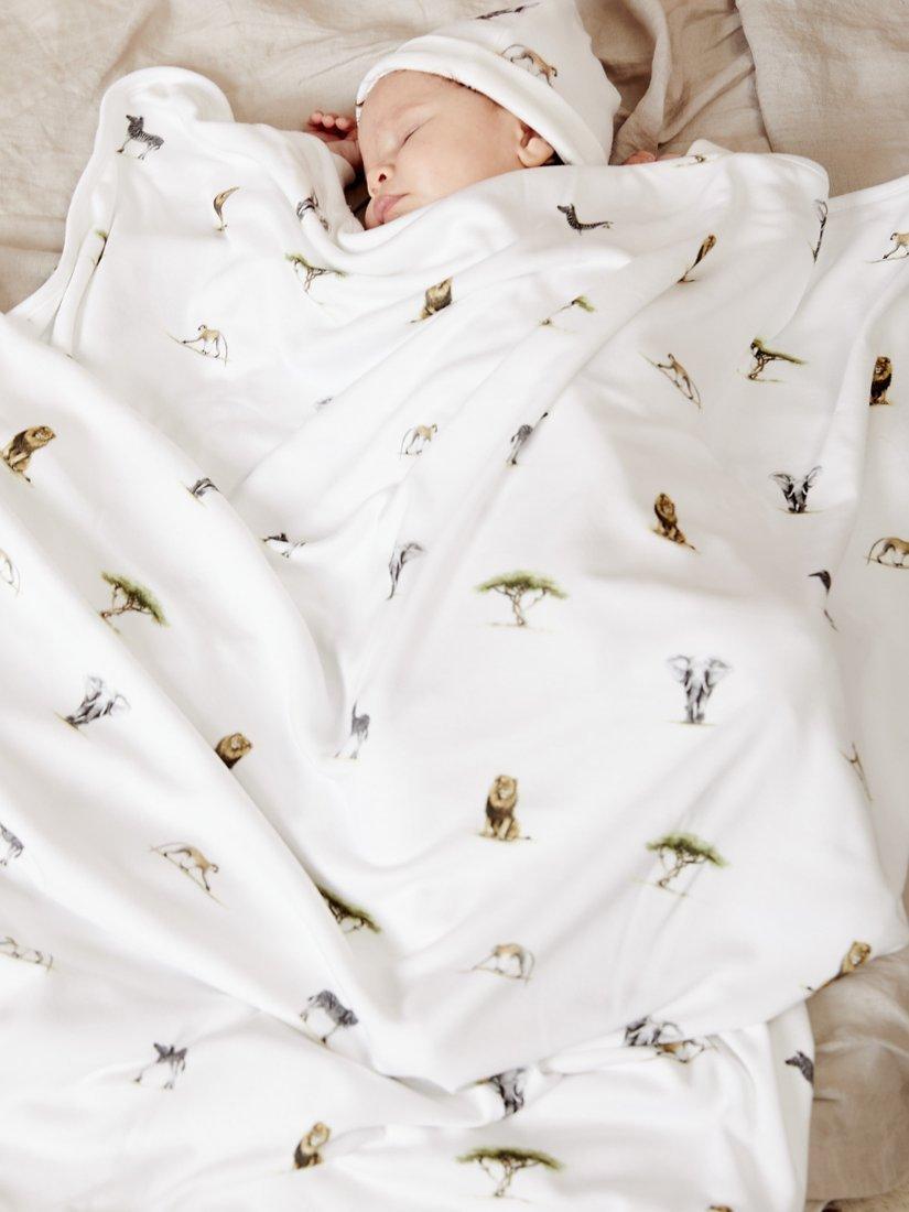 Rosa & Blue baby blanket safari print white, UK version