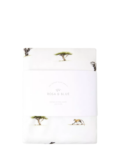 John Lewis Rosa & Blue Baby Bamboo and Cotton Safari Print Cotbed Fitted Sheet, White- Buy online at McGrocer