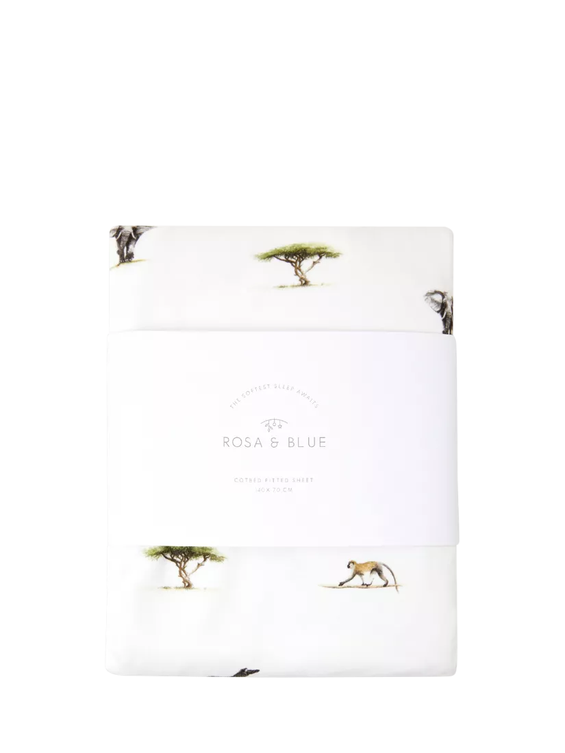 Rosa & Blue cotbed fitted sheet safari print white, UK version