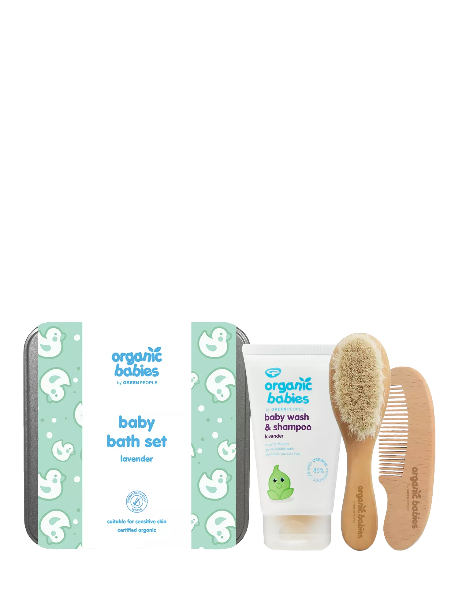 Green People Organic Babies baby bath set with lavender wash and comb (British brand)