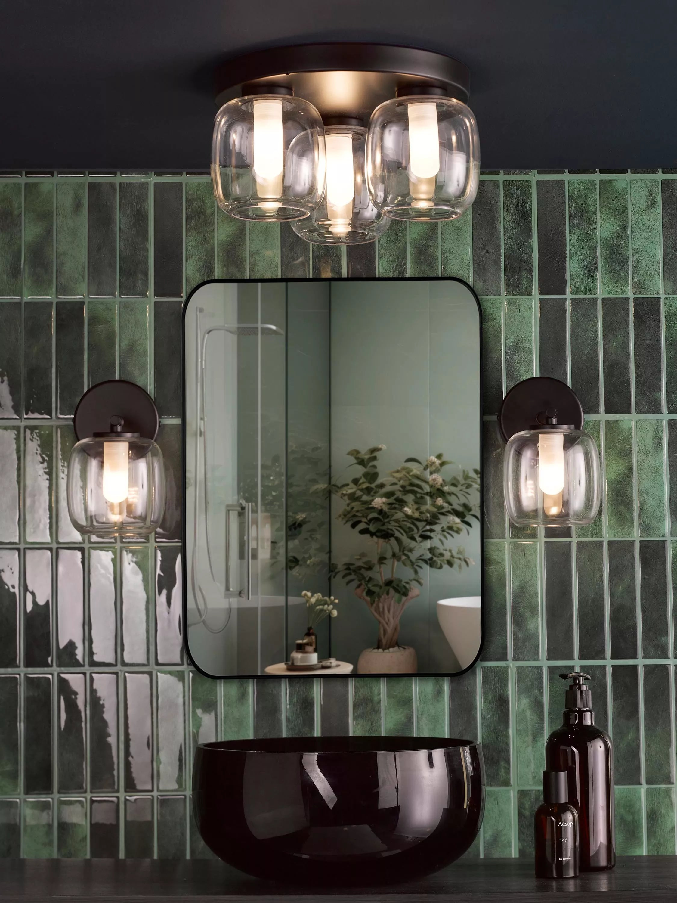 Där Edaline black bathroom ceiling light with opal shades (British brand)
