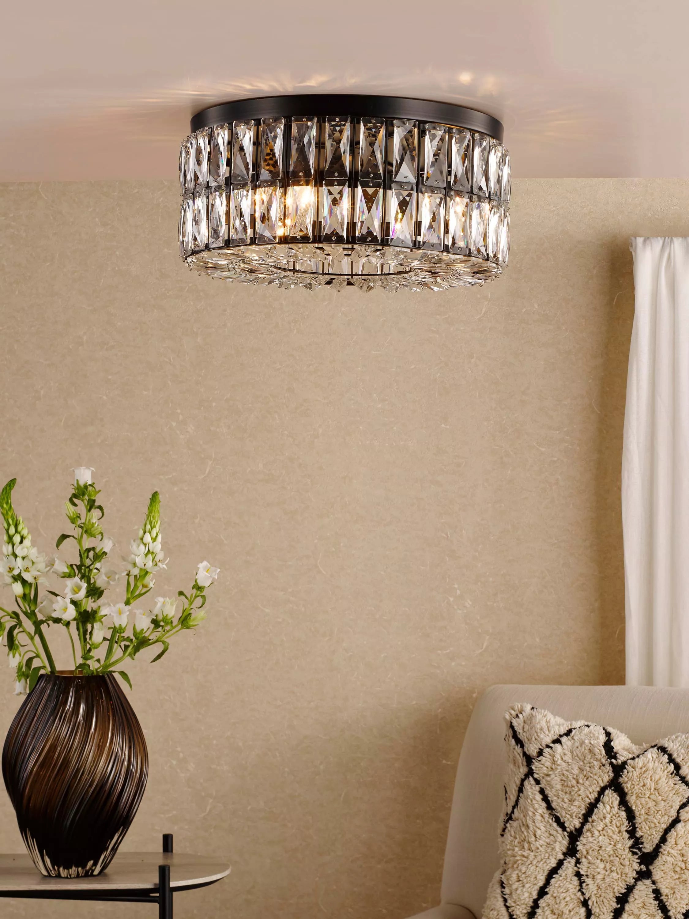 Där Relena flush ceiling light black with crystal accents, UK version