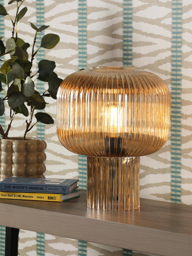 Där Demarius ribbed glass table lamp amber medium, imported from the UK