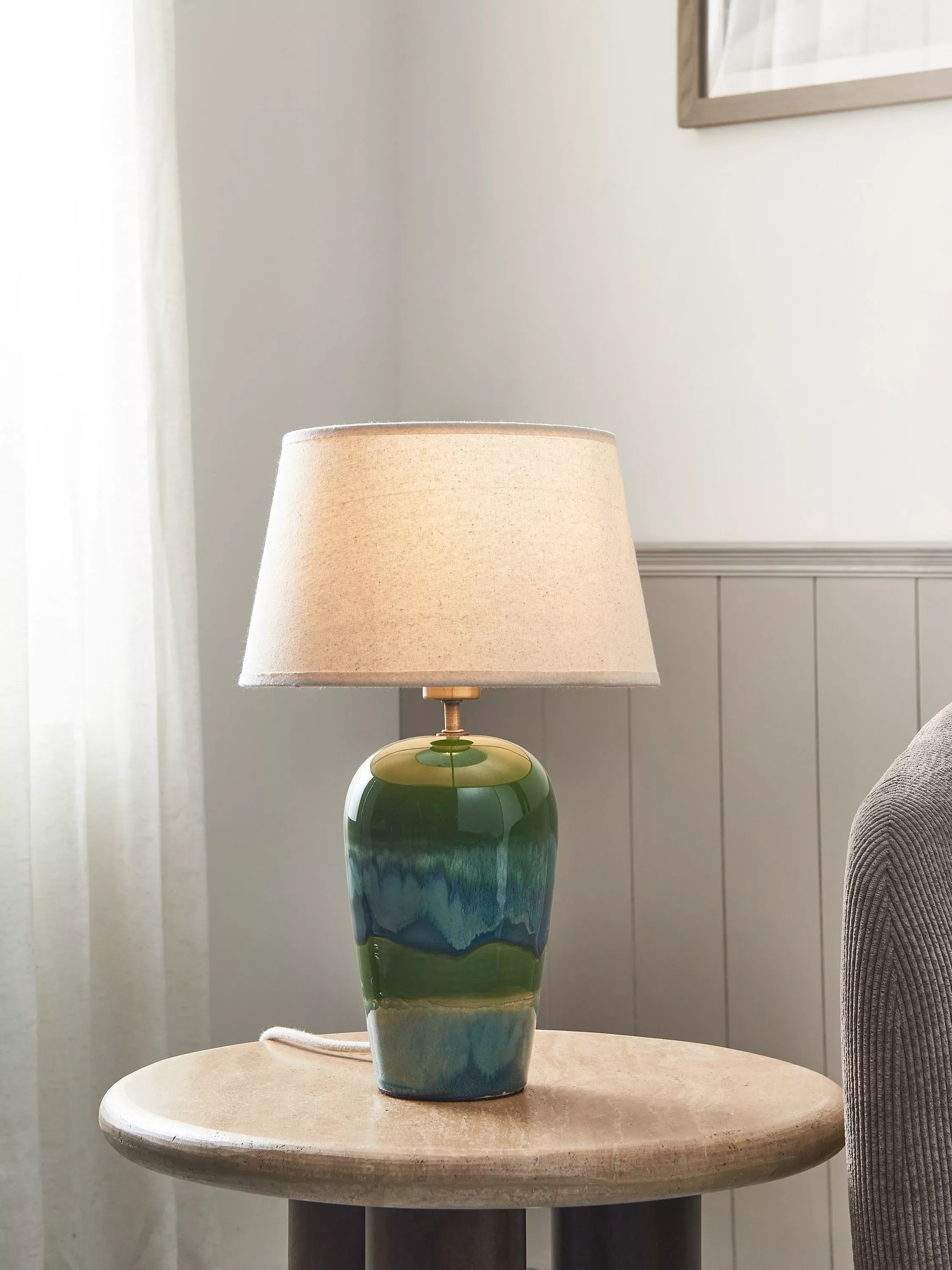 John Lewis Hugo ceramic table lamp in green reactive glaze, UK version