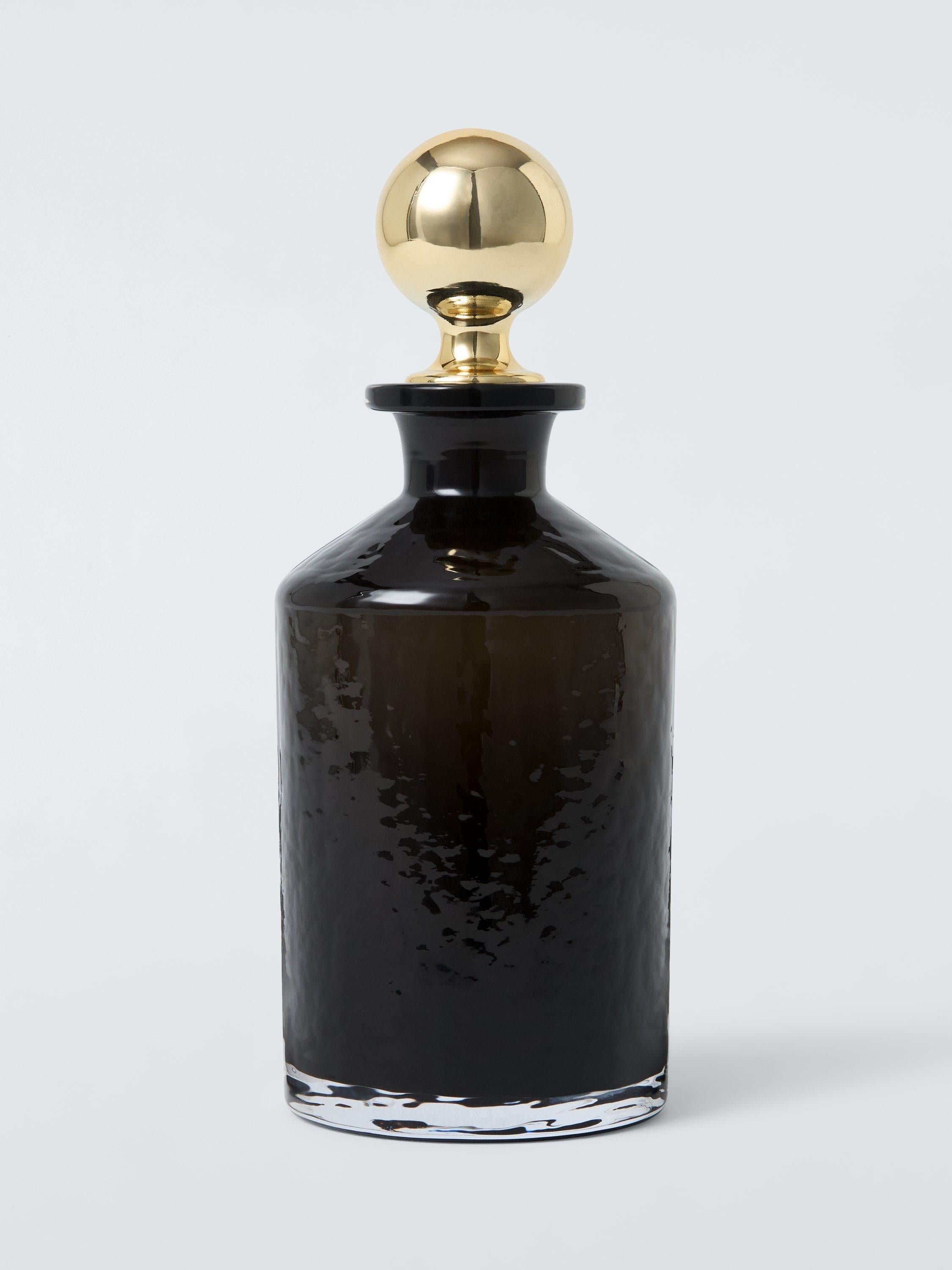 John Lewis black glass decanter and tumbler gift set with gold accents, imported from the UK