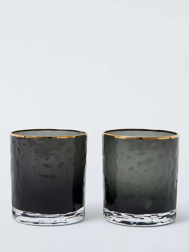 John Lewis black glass decanter and tumbler gift set with gold accents, imported from the UK
